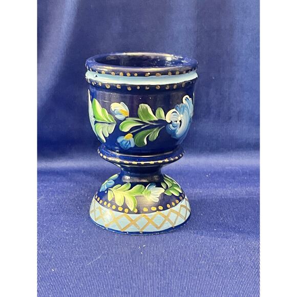 Hand Painted Wooden Cobalt Blue Egg Cup with Flowers Accents - Picture 2 of 6